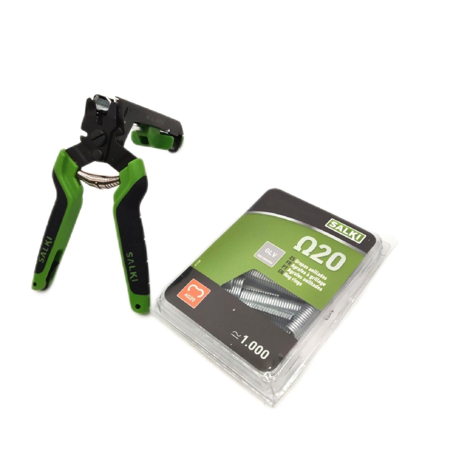 salki Heftklammer-Set mit Ladegerät FSK20C – Zaunzange mit integriertem Drahtschneider bis zu 3 mm Dicke + Blister mit 1000 Heftklammern ?20, verzinkt (3301310PA2)